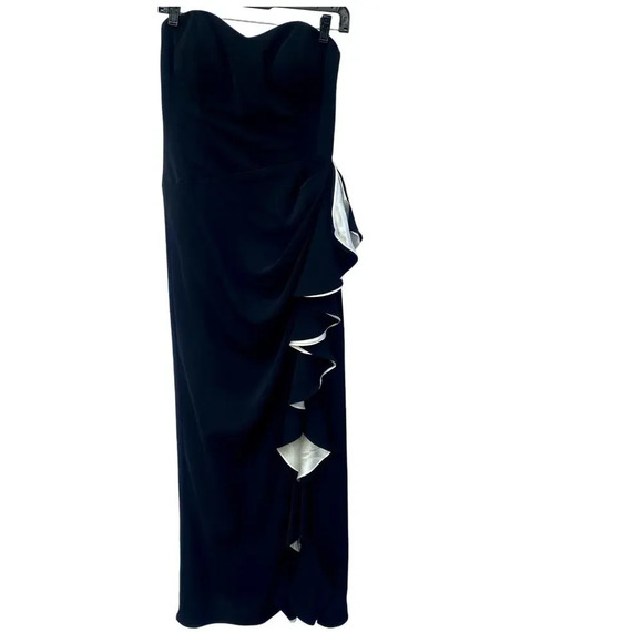 Badgley Mischka Black Strapless Contrast Ruffle Sweetheart Neckline Gown - Picture 2 of 13